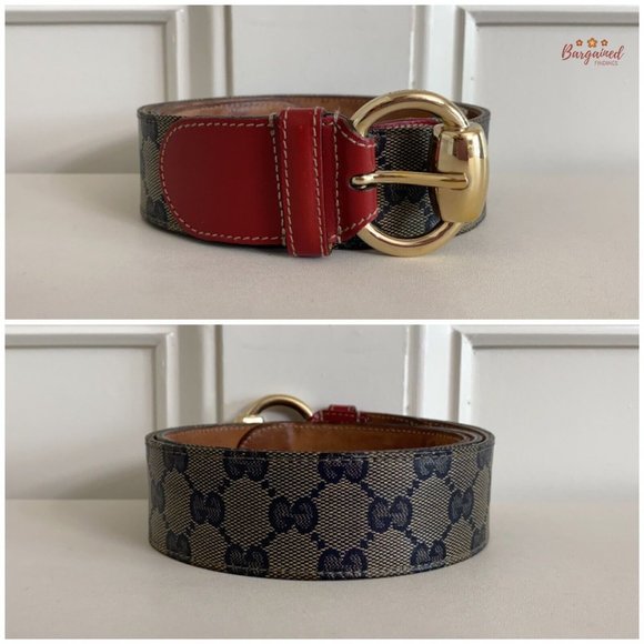 Auth GUCCI Beige/Blue/Red GG Crystal Coated Canvas Horsebit Buckle Belt 85/34